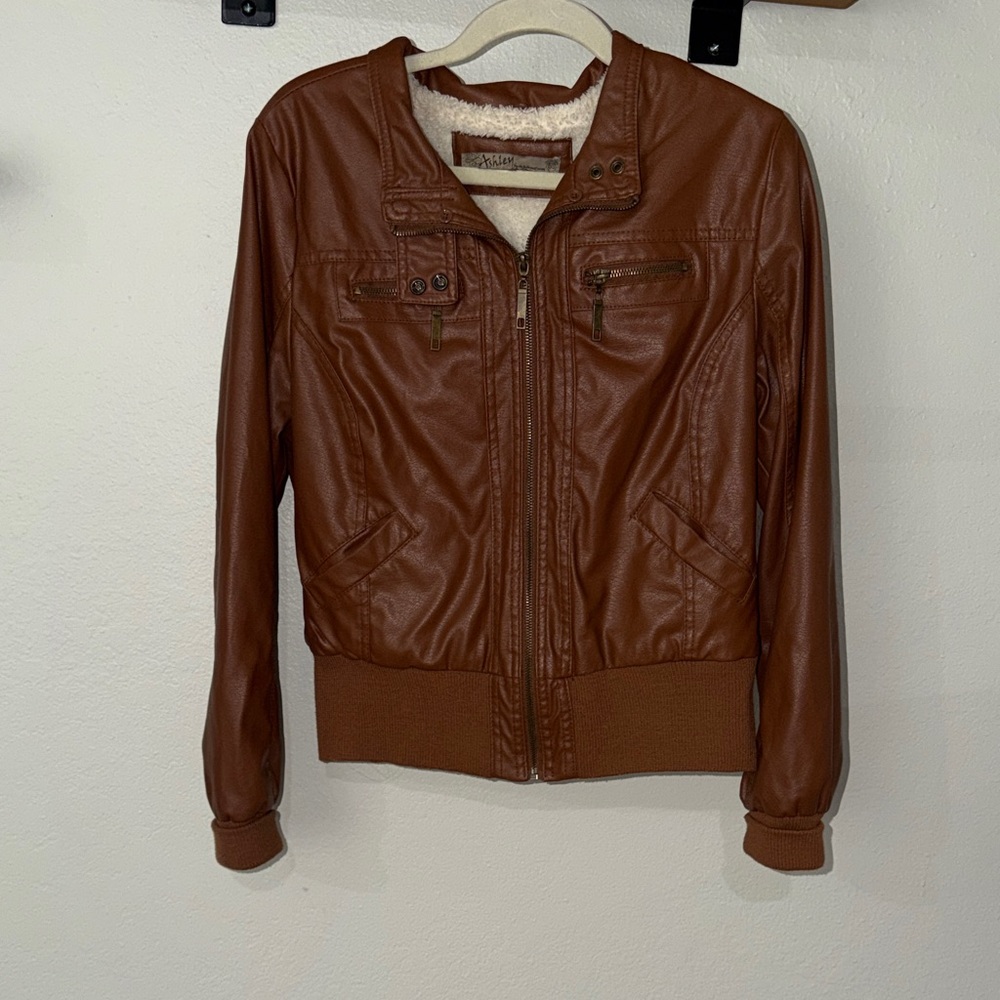 Ashley By 26 International Brown Faux Leather Bomber Jacket
